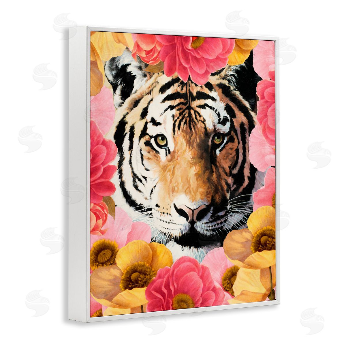 Vivian Rhyan Tiger on Dahlia Florals White Framed Giclee Wall Art Print
