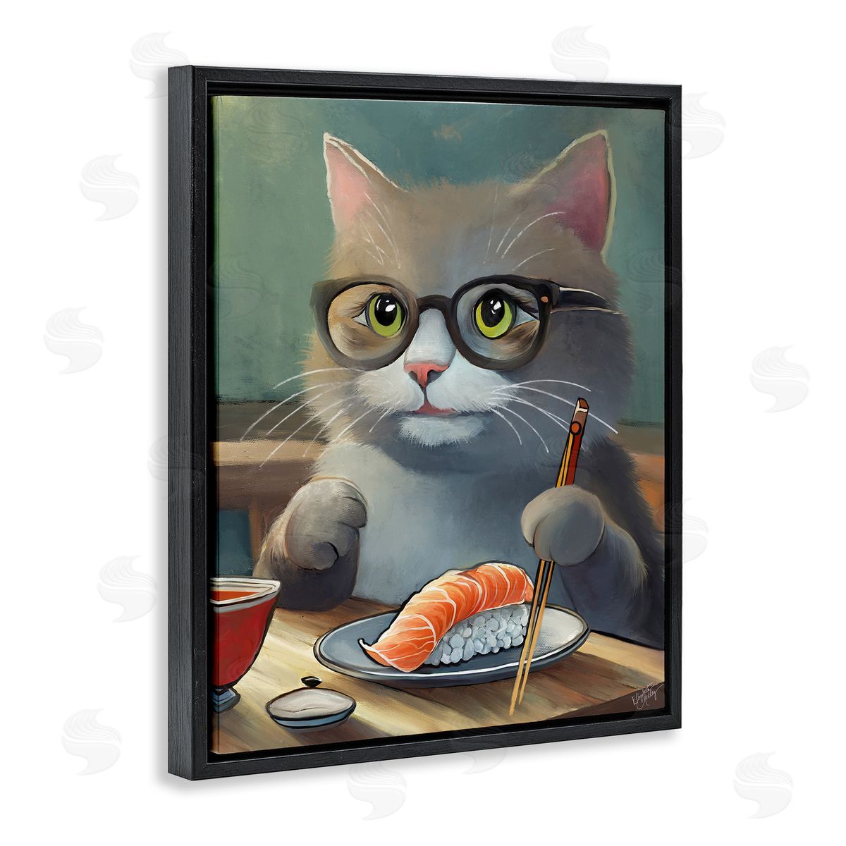 Elizabeth Medley Cat Eating Sushi Black Floating Frame Canvas Wall Art Print