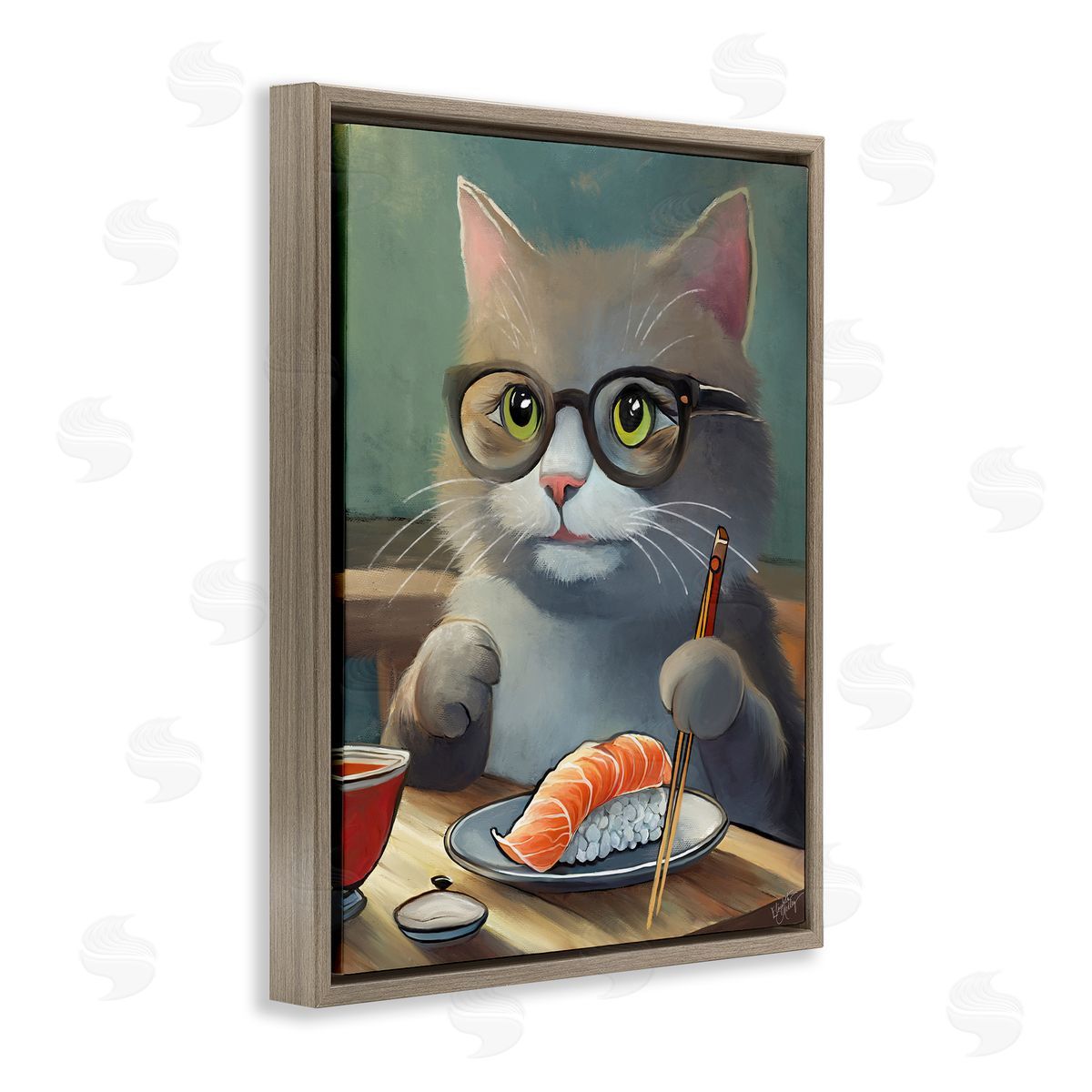 Elizabeth Medley Cat Eating Sushi Brown Floating Frame Canvas Wall Art Print