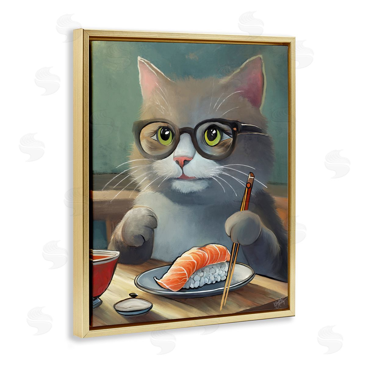 Elizabeth Medley Cat Eating Sushi Gold Floating Frame Canvas Wall Art Print