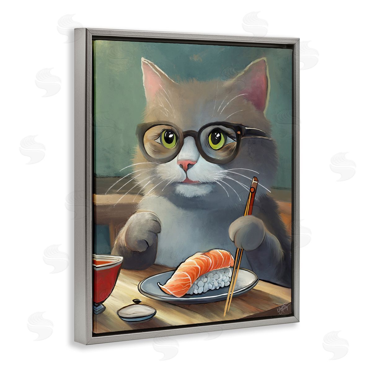 Elizabeth Medley Cat Eating Sushi Gray Floating Frame Canvas Wall Art Print