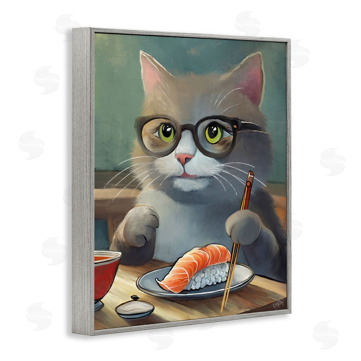 Elizabeth Medley Cat Eating Sushi Gray Framed Giclee Wall Art Print