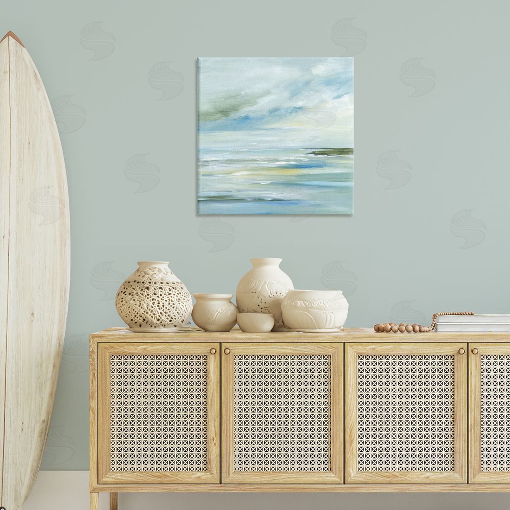 Lera Cloudy Blue Beach Impression Canvas Wall Art Print in Room