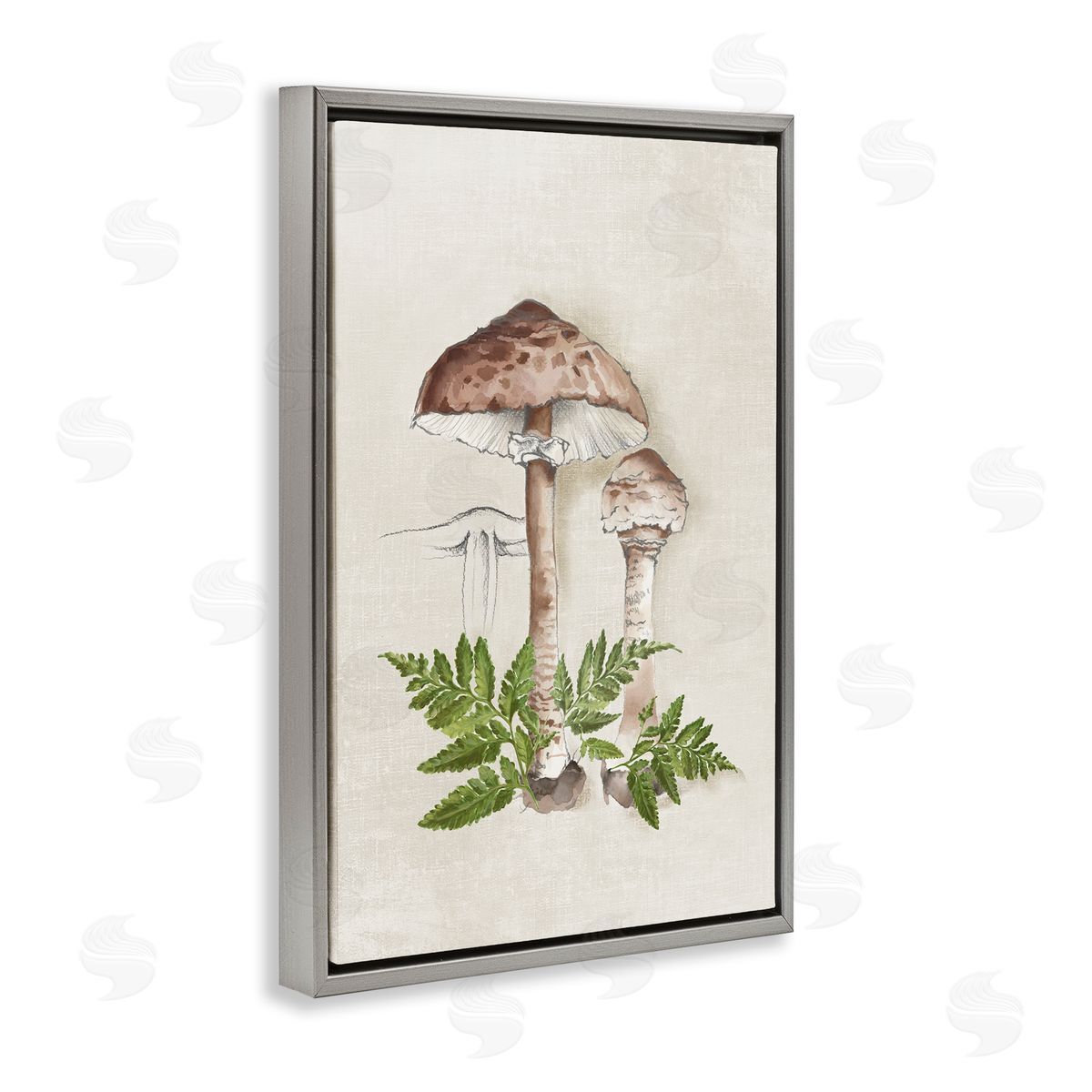 Eli Jones Mushroom & Ferns Sketch Gray Floating Frame Canvas Wall Art Print