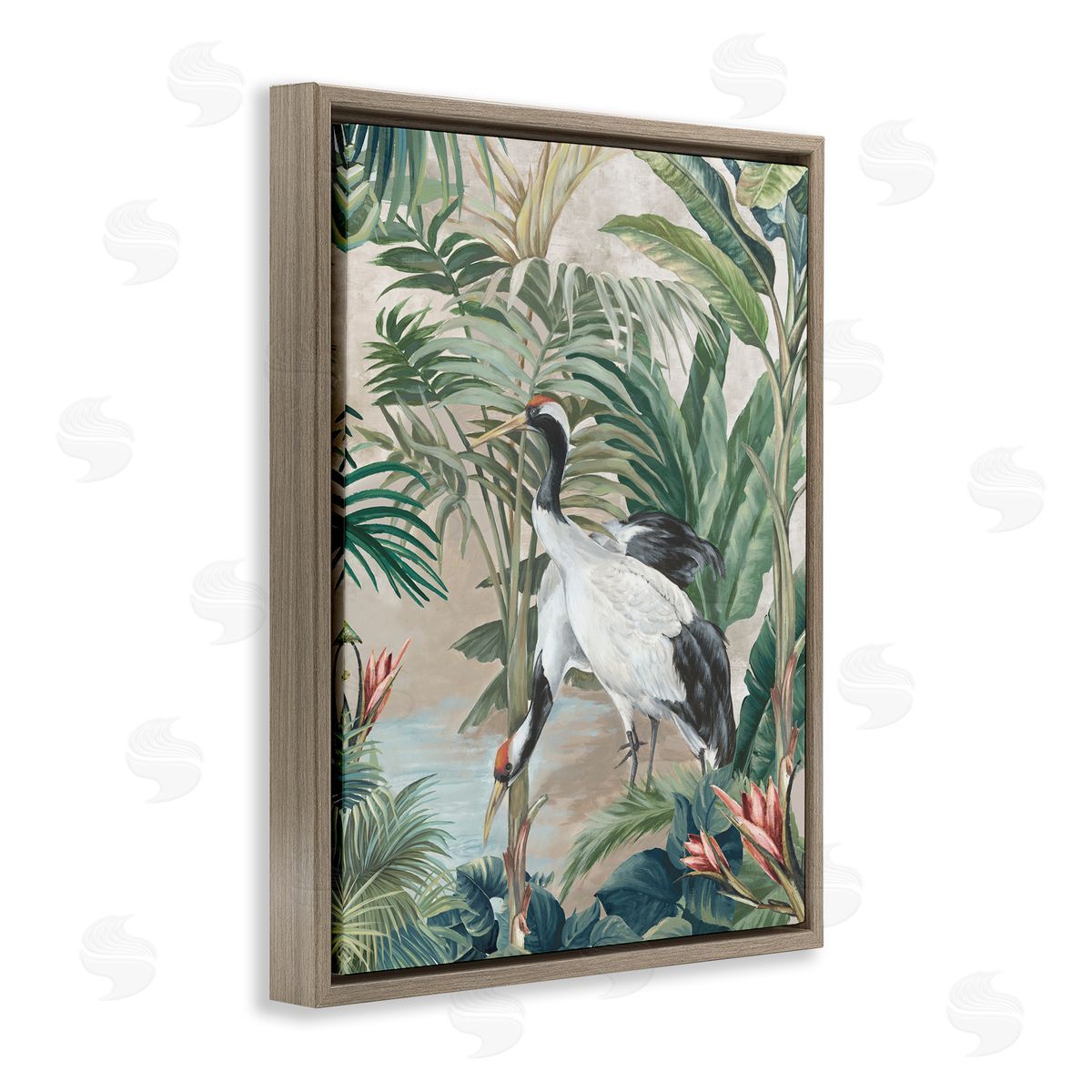 Eli Jones Tropical Oasis Cranes Brown Floating Frame Canvas Wall Art Print