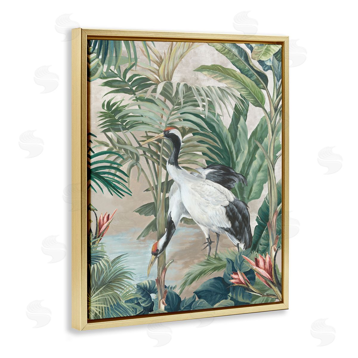 Eli Jones Tropical Oasis Cranes Gold Floating Frame Canvas Wall Art Print