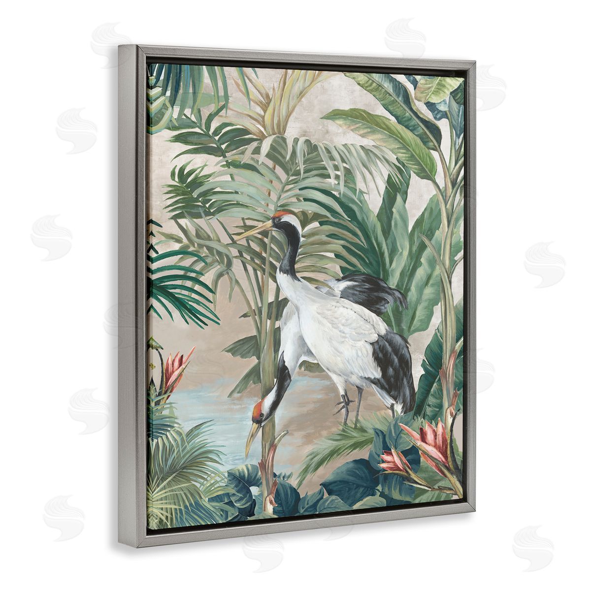 Eli Jones Tropical Oasis Cranes Gray Floating Frame Canvas Wall Art Print
