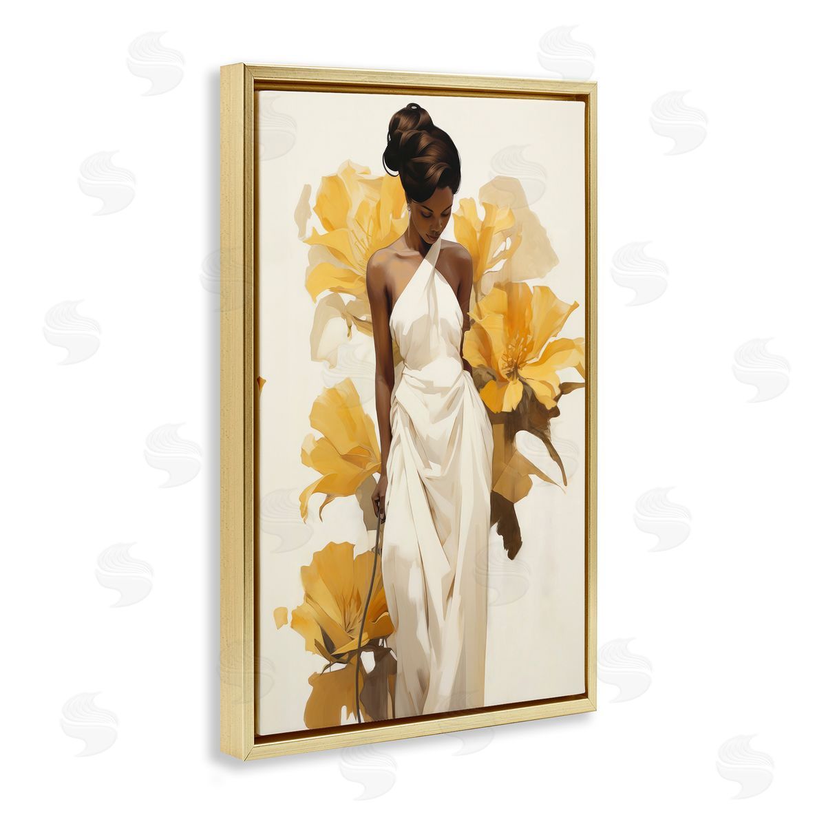 Raymond Powers Elegant Woman with Flowers Gold Floating Frame Canvas Wall Art Print