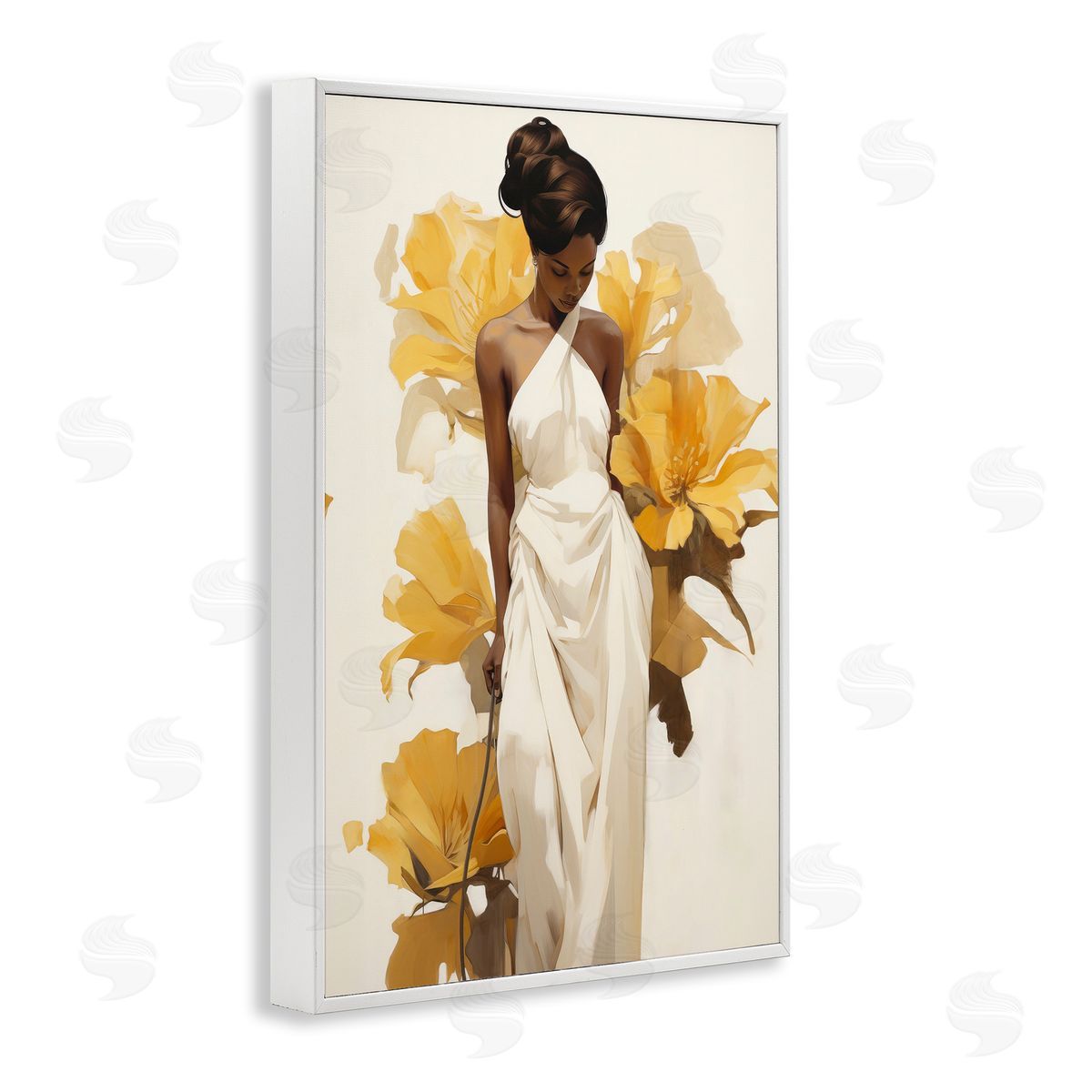 Raymond Powers Elegant Woman with Flowers White Framed Giclee Wall Art Print