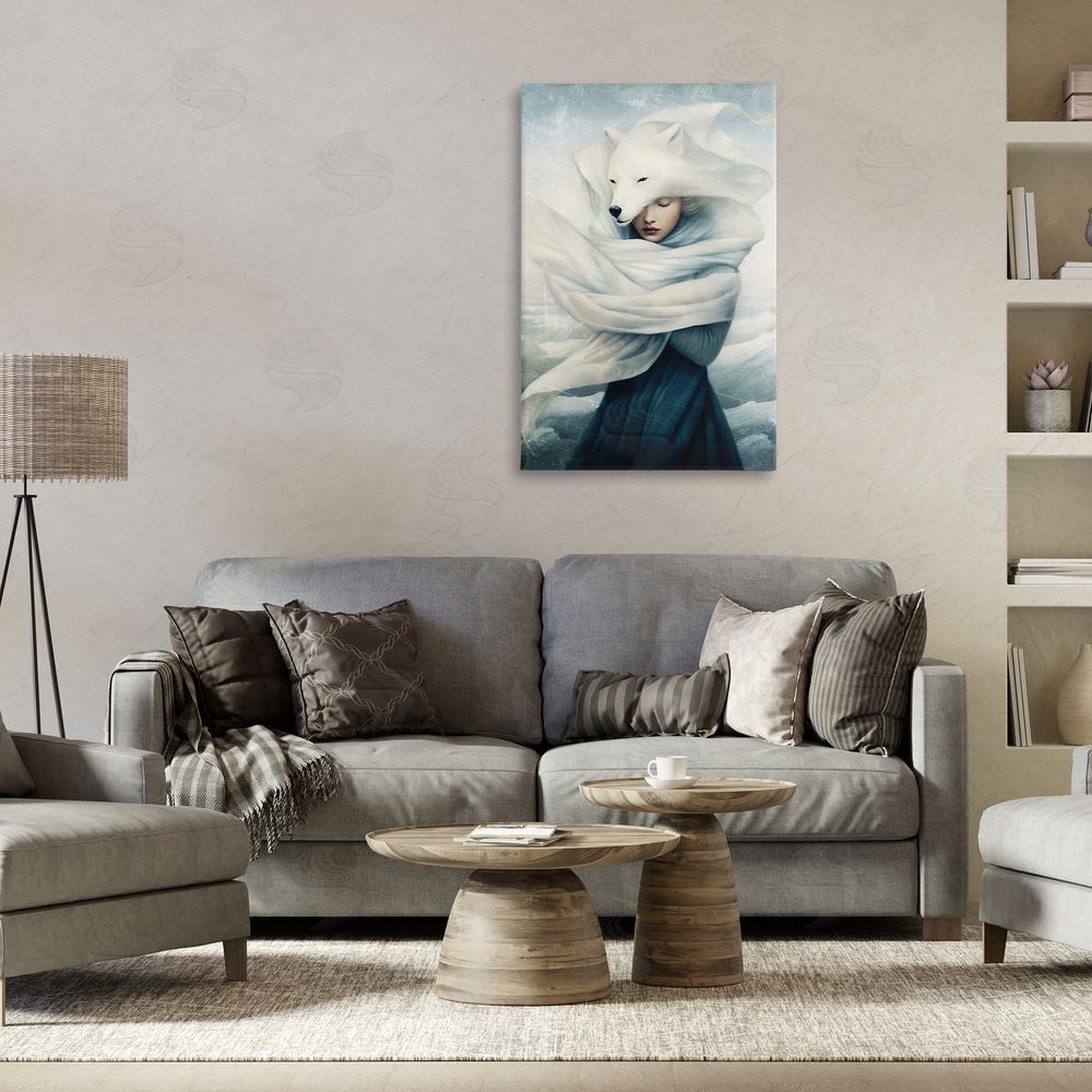 Paula Belle Flores Wolf Swathed Woman Canvas Wall Art Print in Room