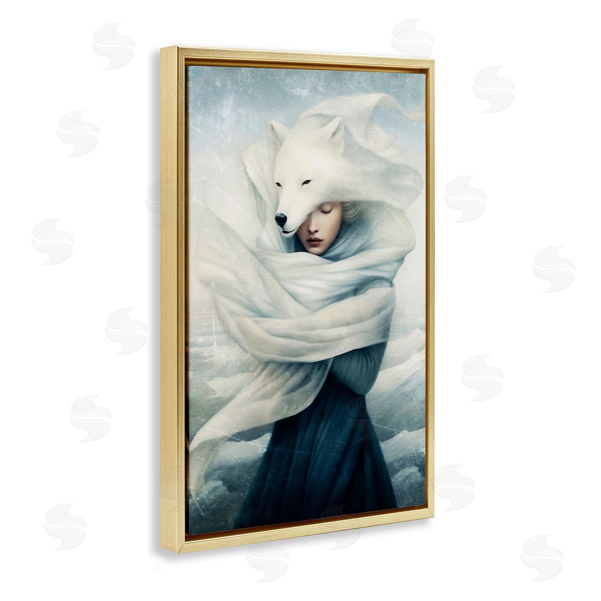 Paula Belle Flores Wolf Swathed Woman Gold Floating Frame Canvas Wall Art Print