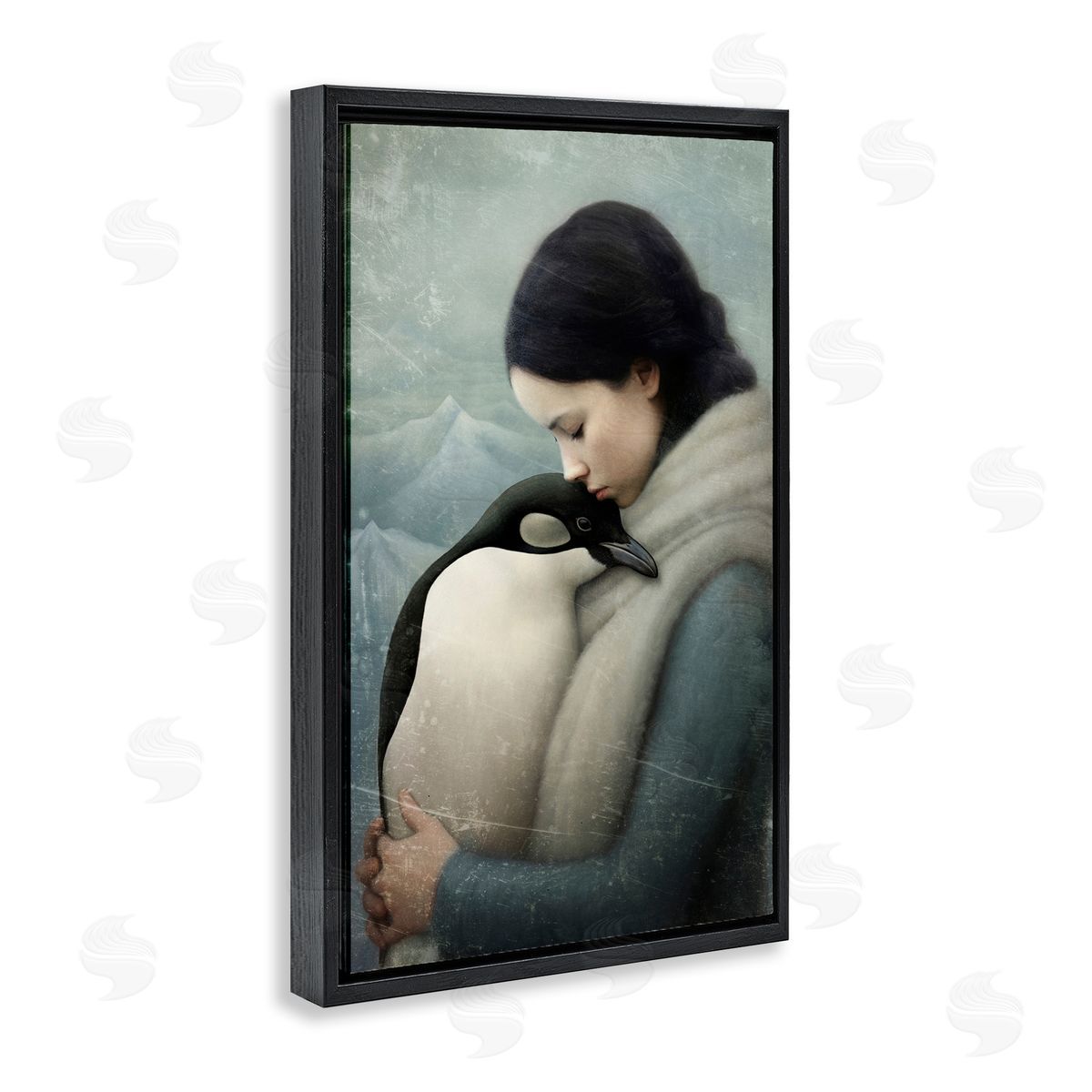 Paula Belle Flores Girl and Her Penguin Black Floating Frame Canvas Wall Art Print