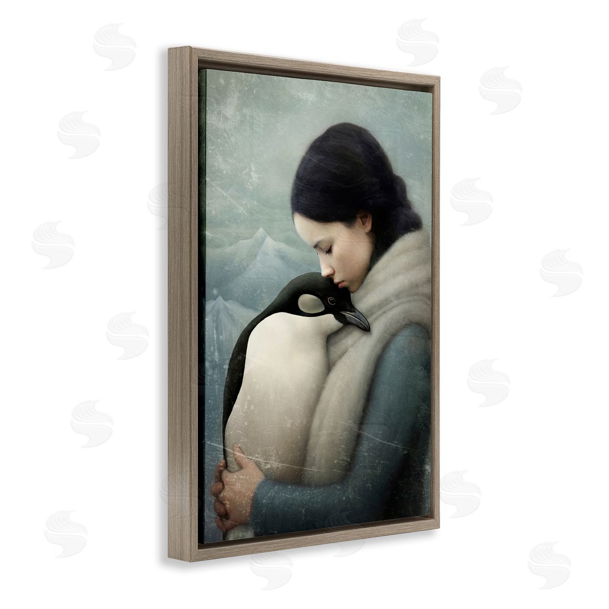Paula Belle Flores Girl and Her Penguin Brown Floating Frame Canvas Wall Art Print