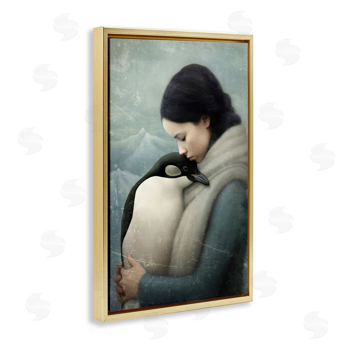 Paula Belle Flores Girl and Her Penguin Gold Floating Frame Canvas Wall Art Print