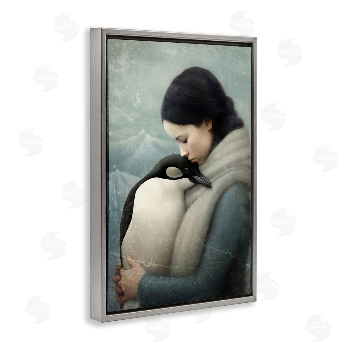 Paula Belle Flores Girl and Her Penguin Gray Floating Frame Canvas Wall Art Print