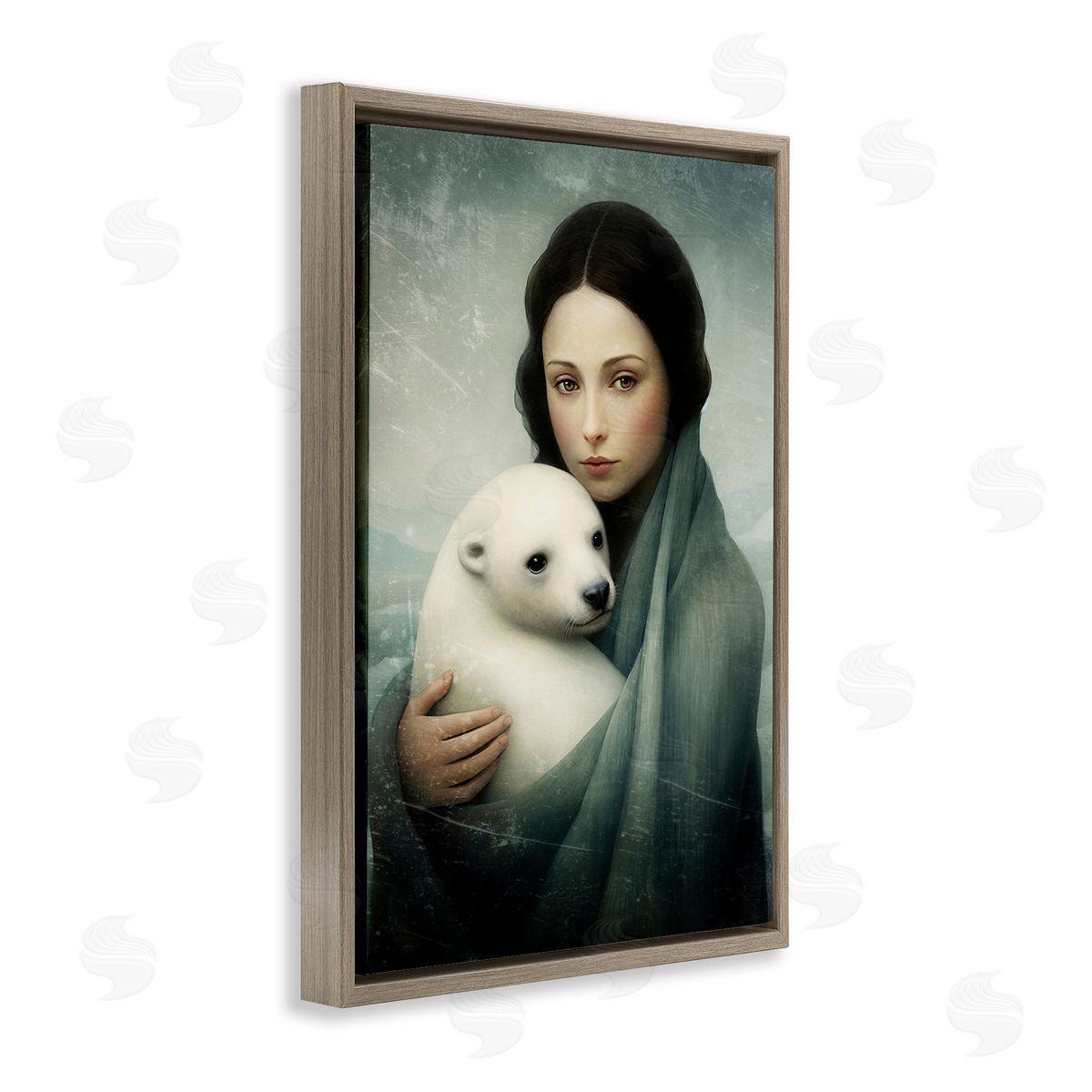 Paula Belle Flores Girl & Baby Polar Bear Brown Floating Frame Canvas Wall Art Print