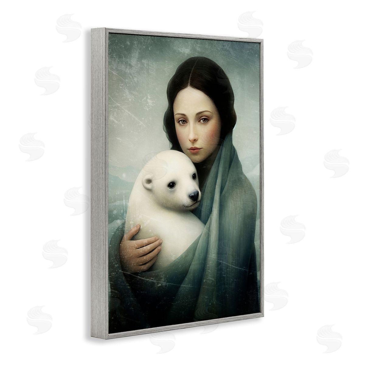 Paula Belle Flores Girl & Baby Polar Bear Gray Framed Giclee Wall Art Print