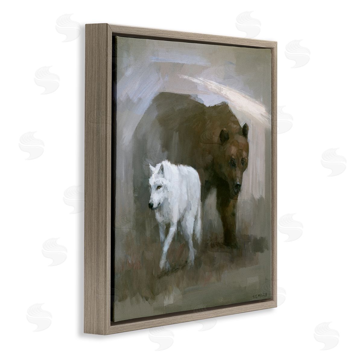 Stephen Mitchell Wolf & Bear Impression Brown Floating Frame Canvas Wall Art Print
