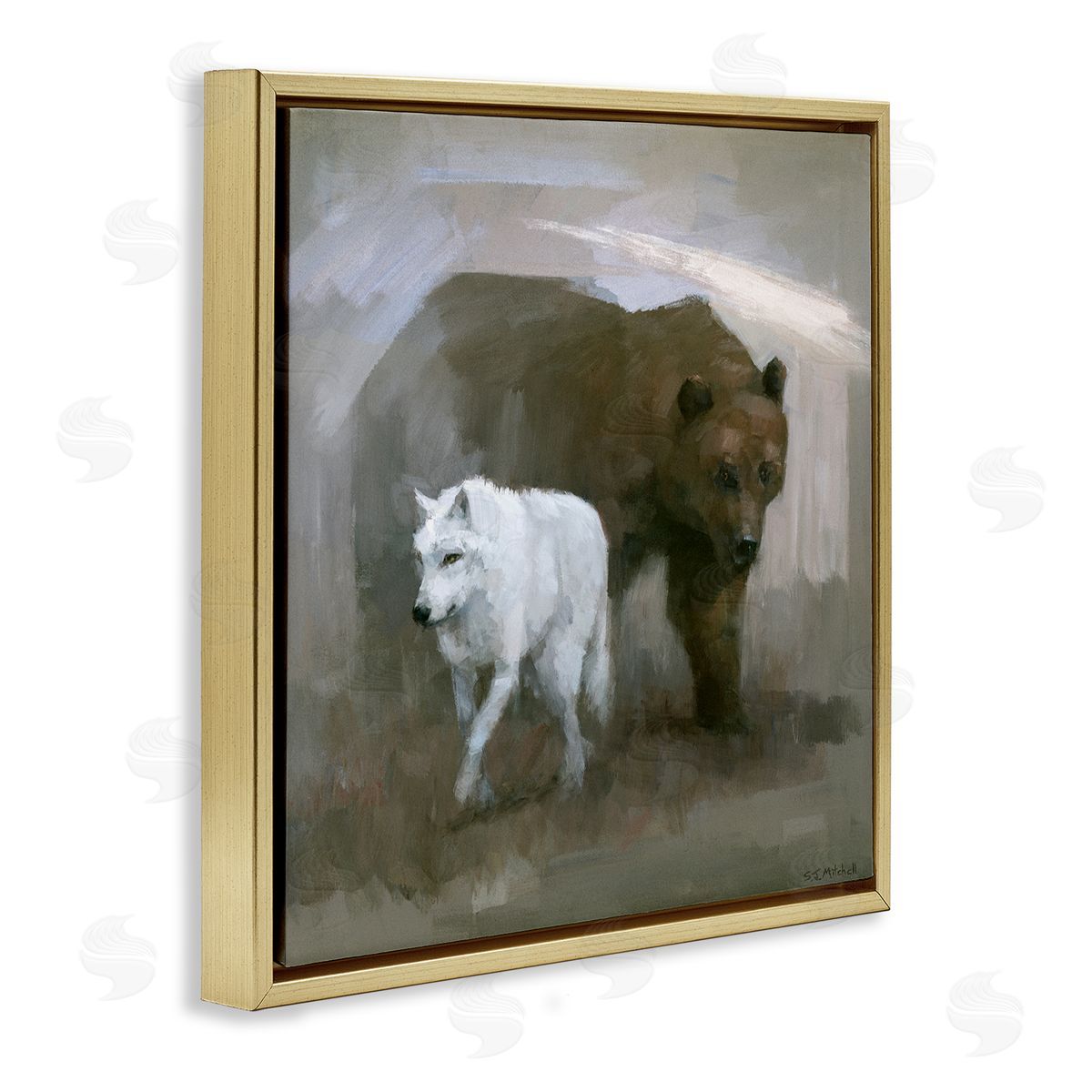 Stephen Mitchell Wolf & Bear Impression Gold Floating Frame Canvas Wall Art Print