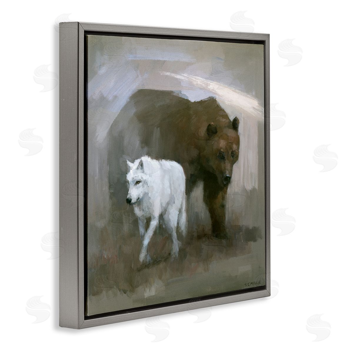 Stephen Mitchell Wolf & Bear Impression Gray Floating Frame Canvas Wall Art Print