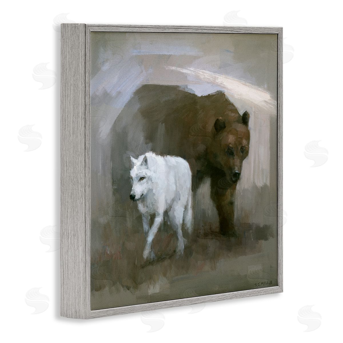 Stephen Mitchell Wolf & Bear Impression Gray Framed Giclee Wall Art Print