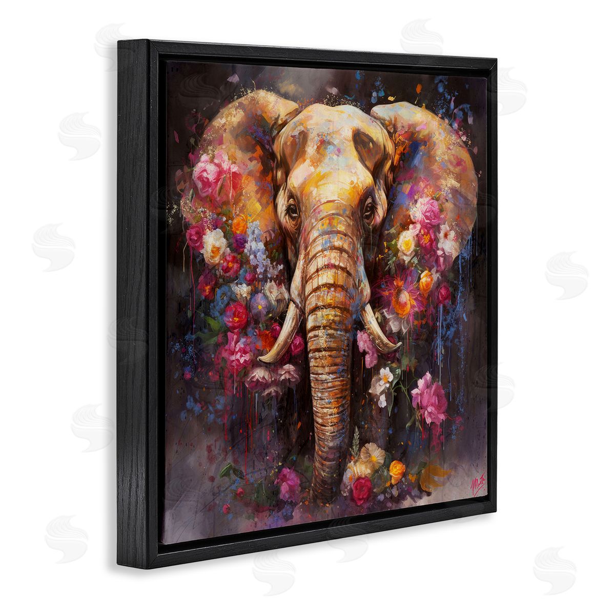 Marta Wiley Flower Swathed Elephant Black Floating Frame Canvas Wall Art Print
