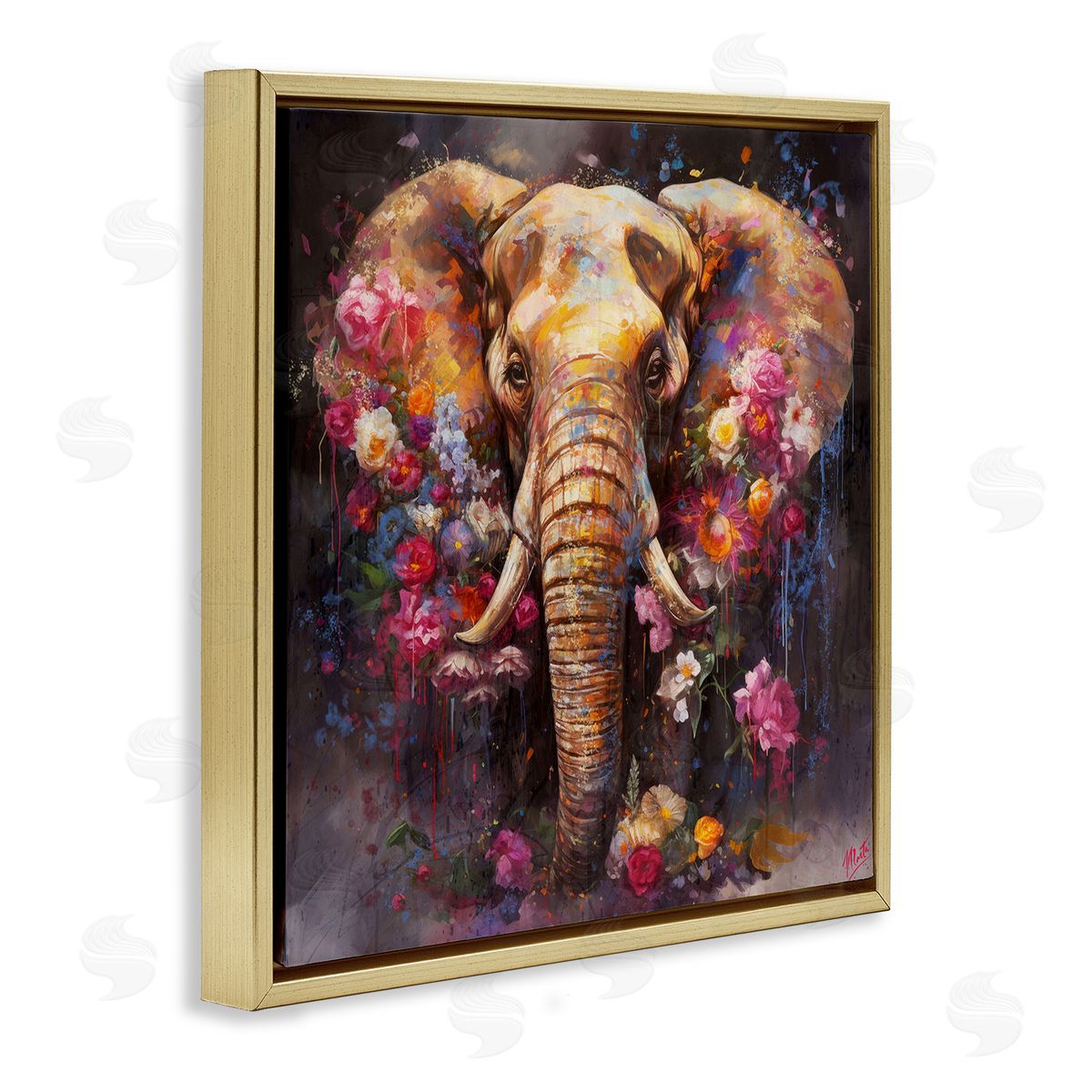Marta Wiley Flower Swathed Elephant Gold Floating Frame Canvas Wall Art Print