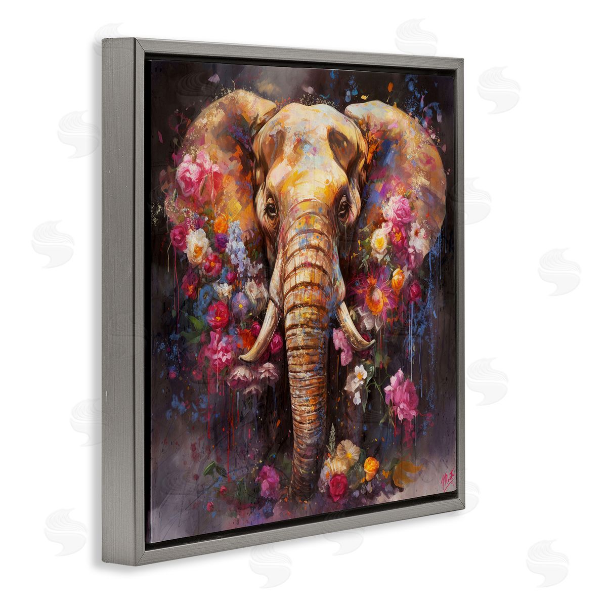 Marta Wiley Flower Swathed Elephant Gray Floating Frame Canvas Wall Art Print