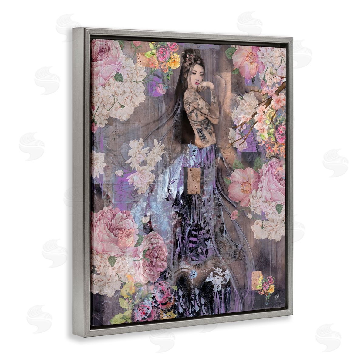 Marta Wiley Expressive Flowers & Woman Gray Floating Frame Canvas Wall Art Print