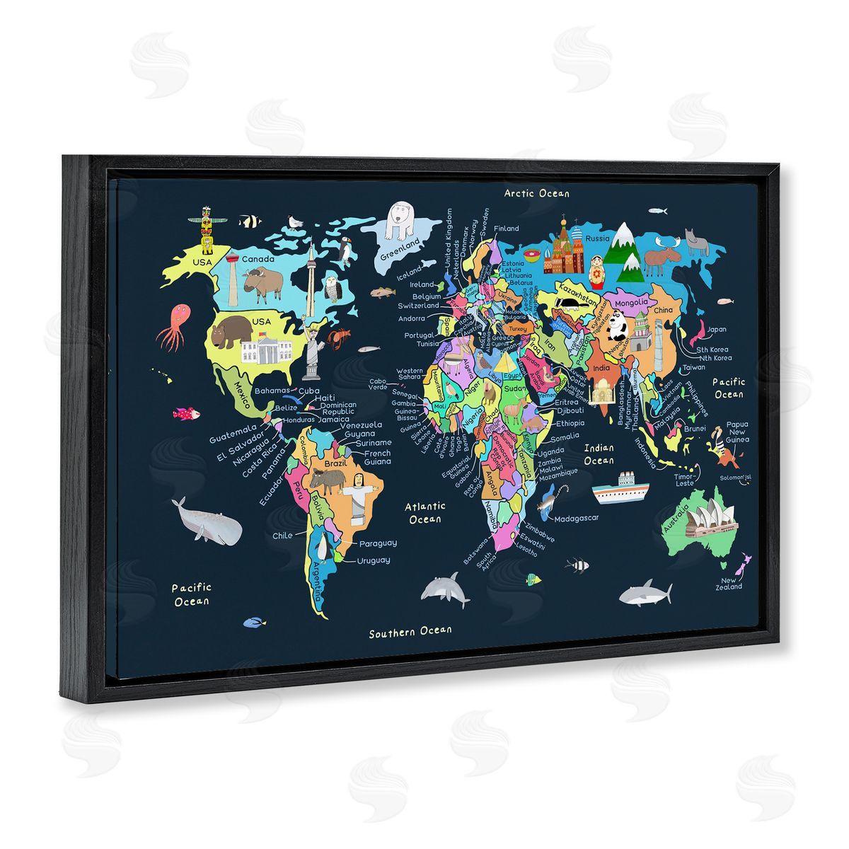 Carla Daly Detailed Countries Map Black Floating Frame Canvas Wall Art Print