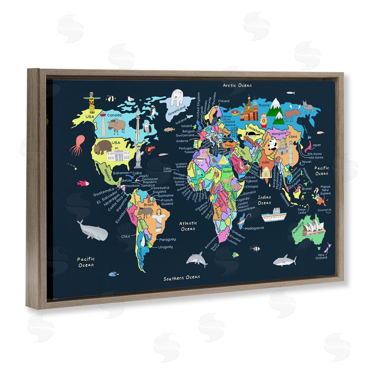 Carla Daly Detailed Countries Map Brown Floating Frame Canvas Wall Art Print