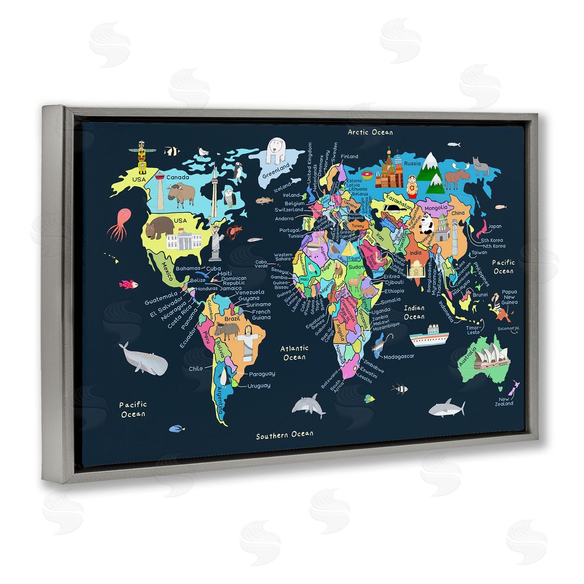 Carla Daly Detailed Countries Map Gray Floating Frame Canvas Wall Art Print