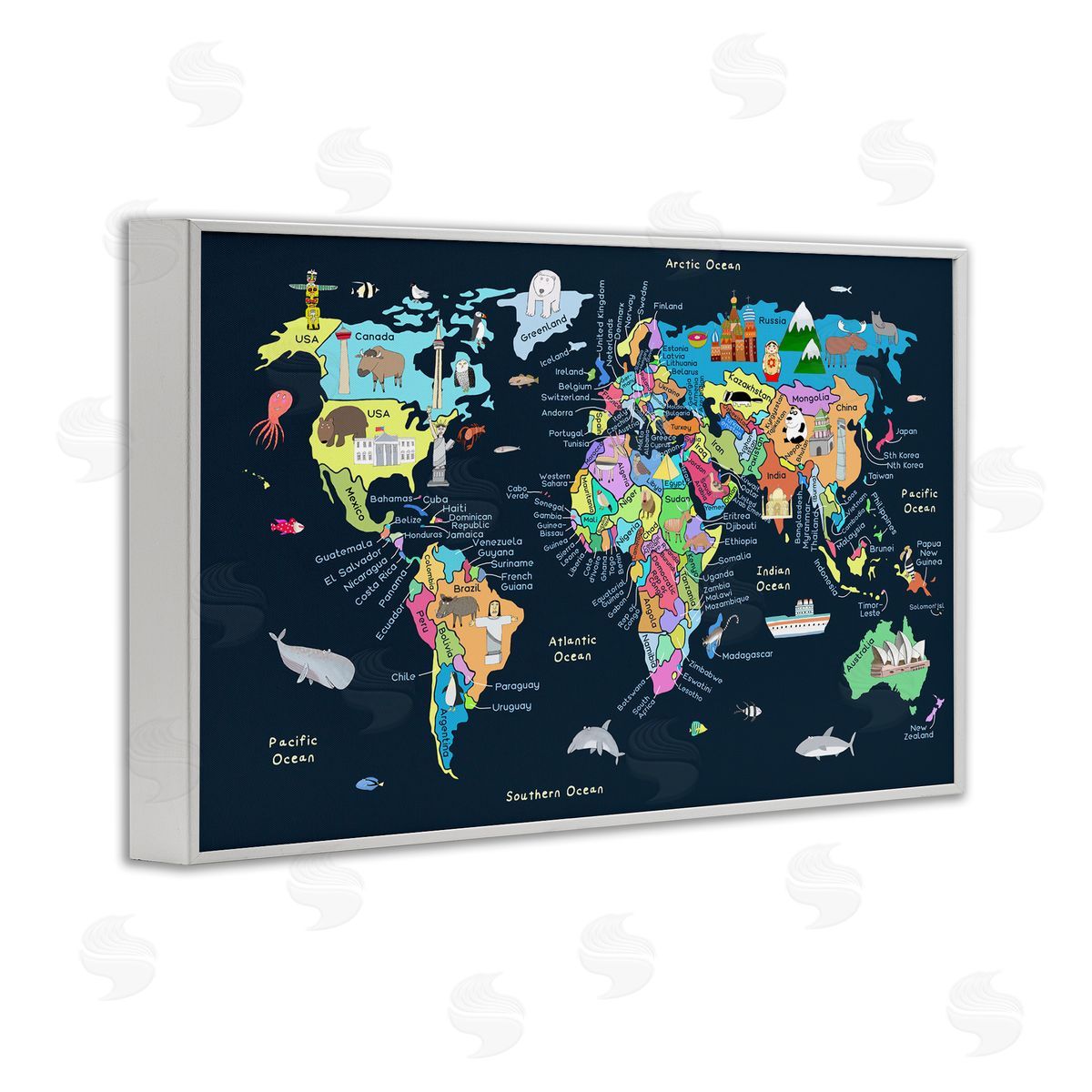 Carla Daly Detailed Countries Map White Framed Giclee Wall Art Print