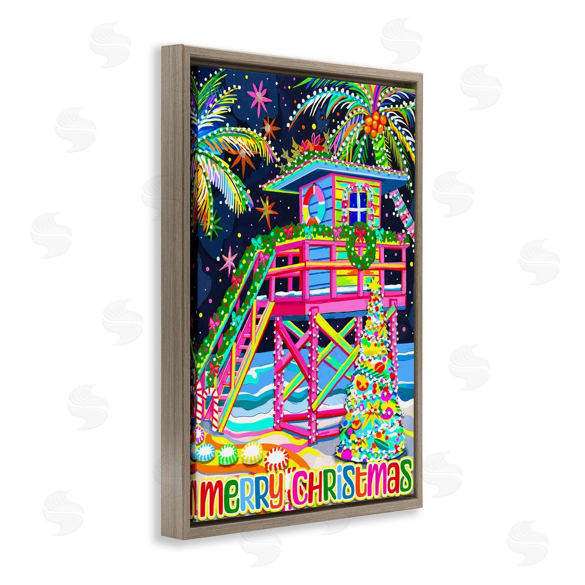 Whimsical Seaside Christmas Brown Floating Frame Canvas Wall Art, Home Decor by Jess Stempel