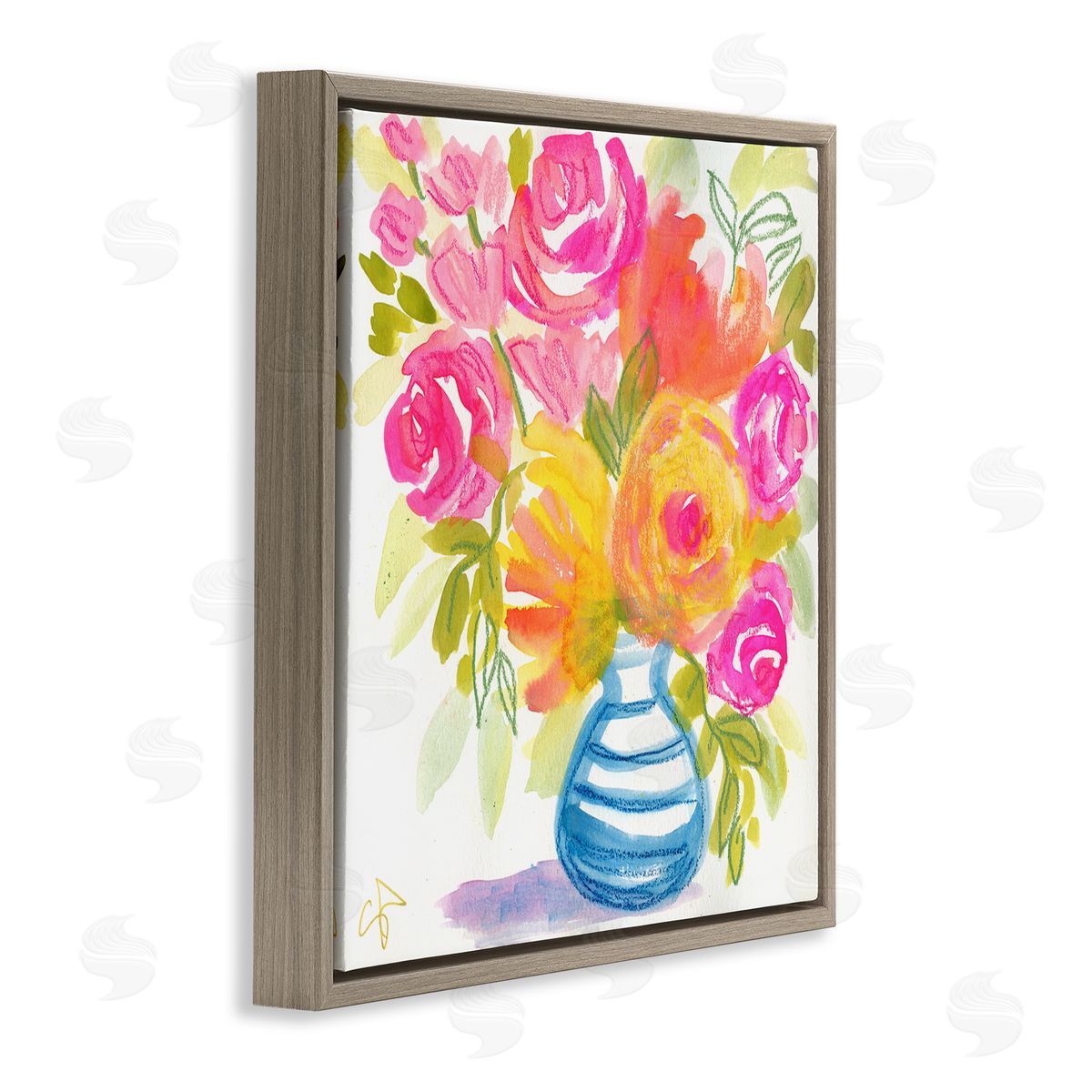 Suzanne Allard Pink & Yellow Bouquet Brown Floating Frame Canvas Wall Art Print