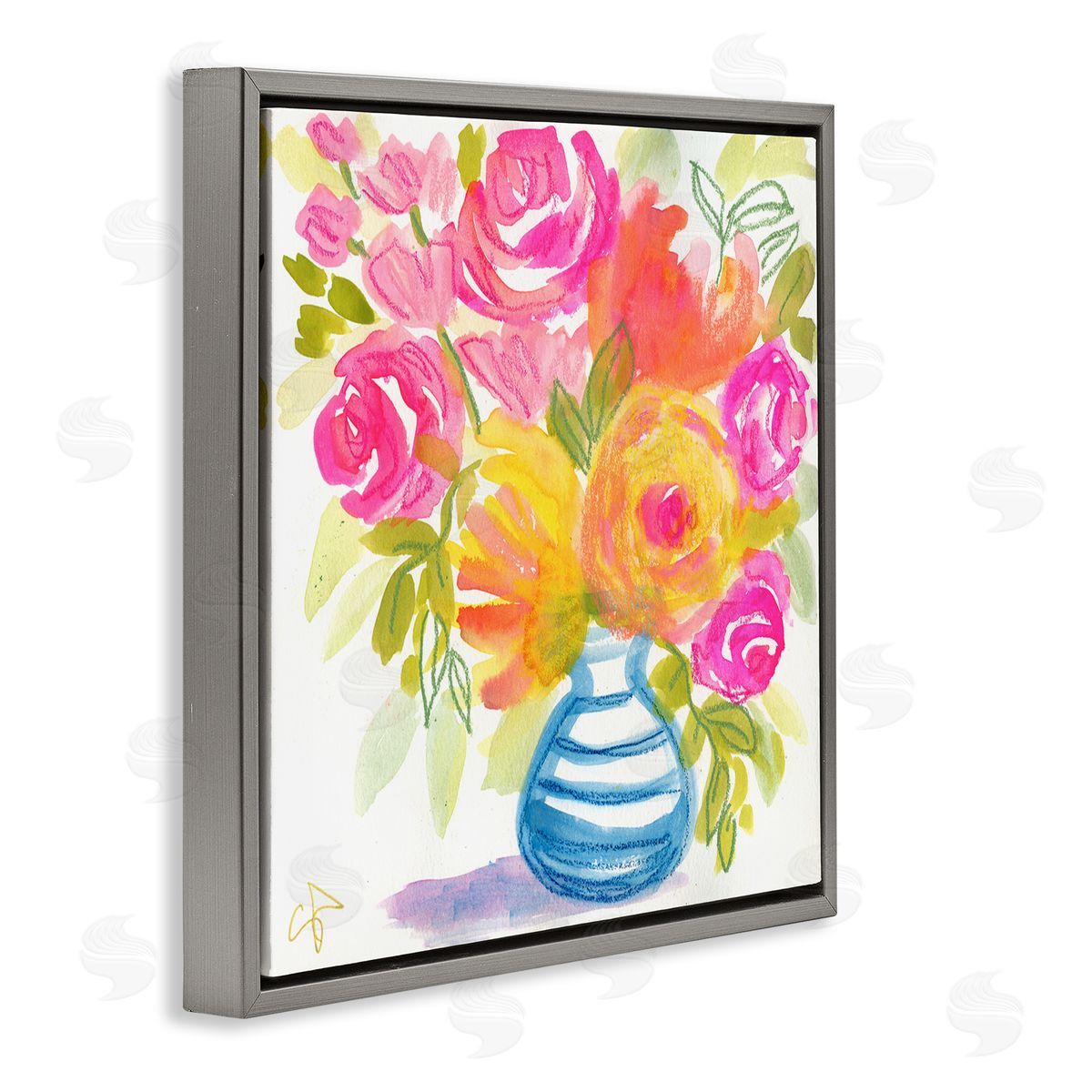 Suzanne Allard Pink & Yellow Bouquet Gray Floating Frame Canvas Wall Art Print
