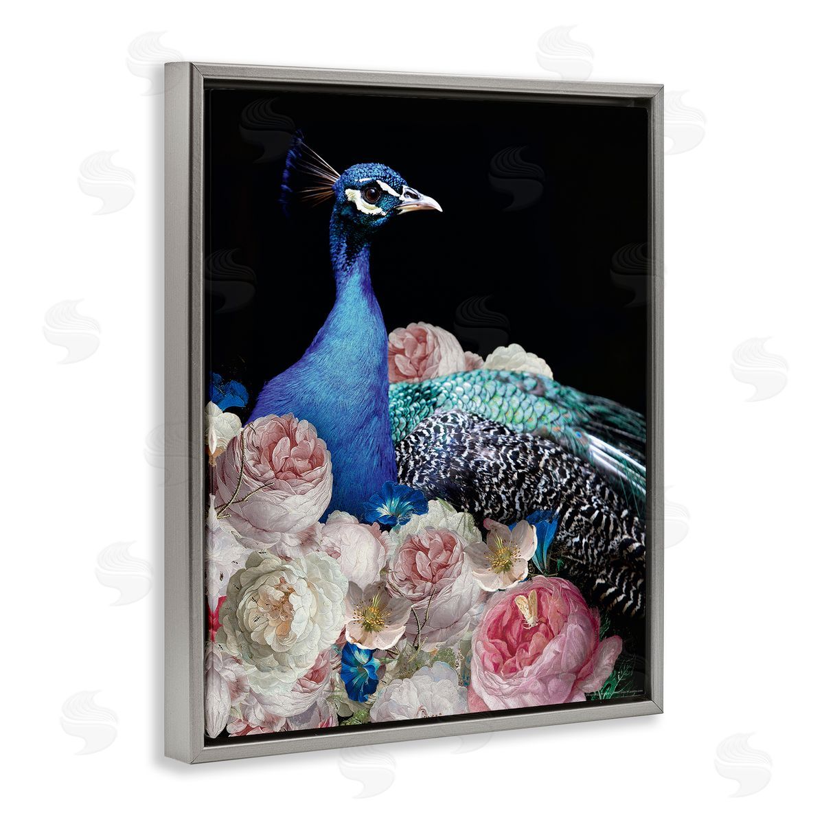 Reinders Peacock & Peonies Gray Floating Frame Canvas Wall Art Print