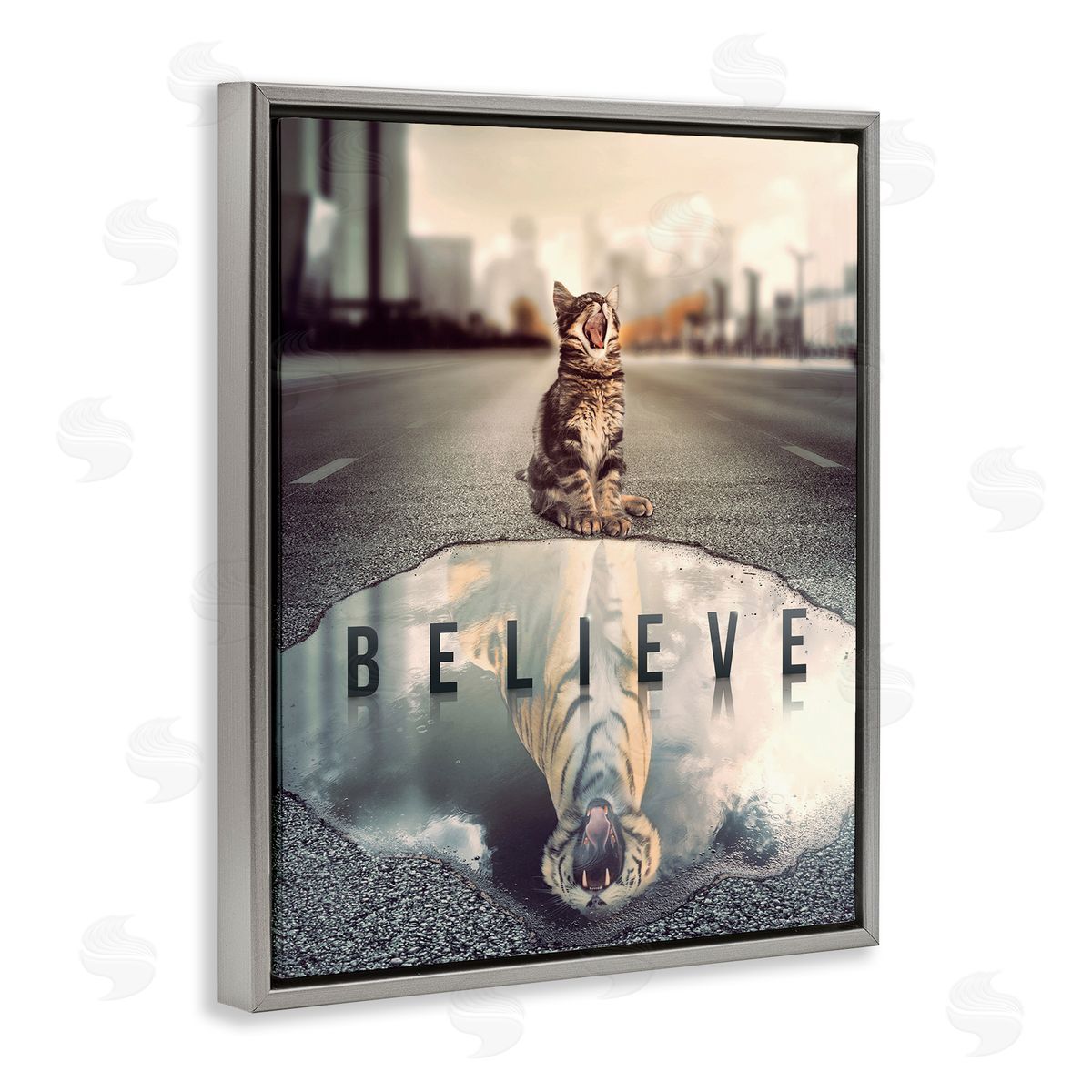 Reinders Believe Cat & Tiger Gray Floating Frame Canvas Wall Art Print