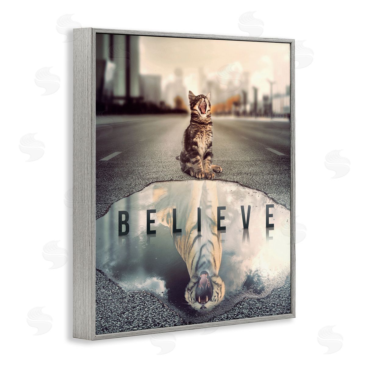 Reinders Believe Cat & Tiger Gray Framed Giclee Wall Art Print