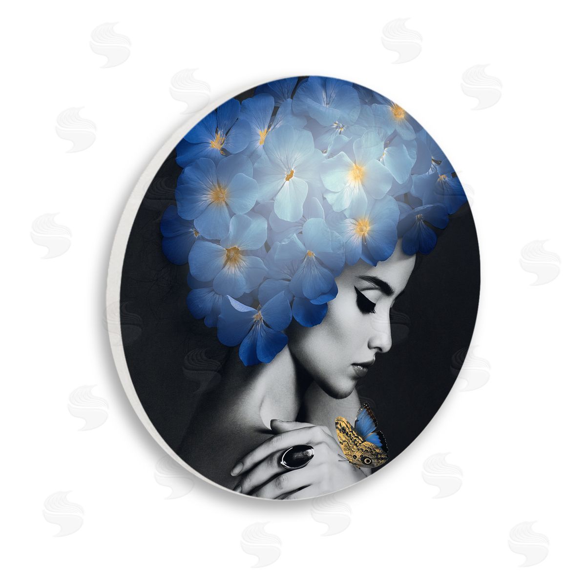 Reinders Woman with Blue Florals Wooden Wall Plaque Art Print