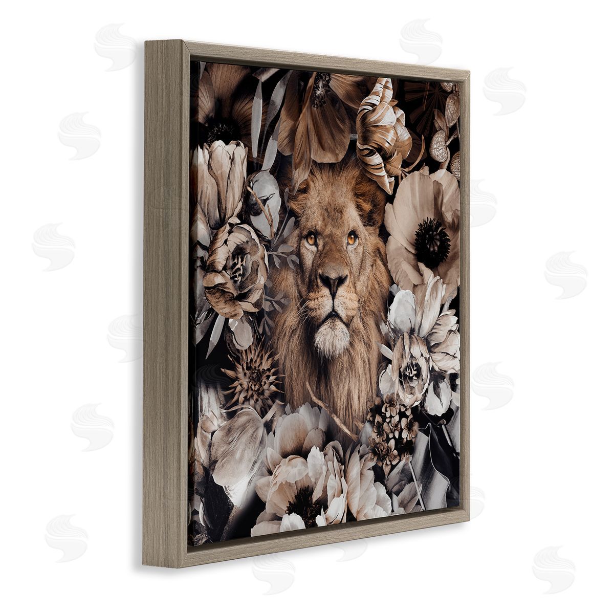 Reinders Mixed Flowers & Lion Brown Floating Frame Canvas Wall Art Print