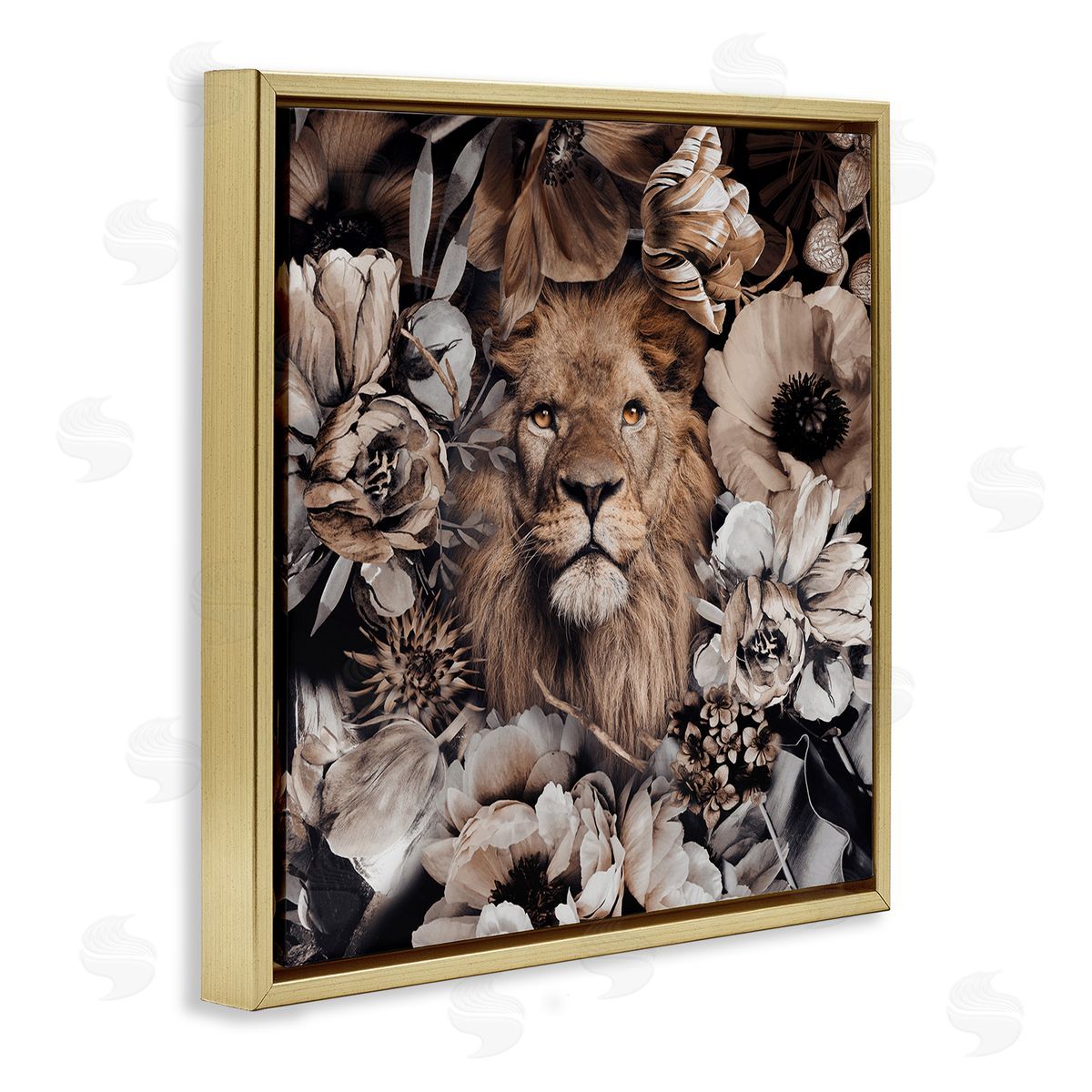Reinders Mixed Flowers & Lion Gold Floating Frame Canvas Wall Art Print