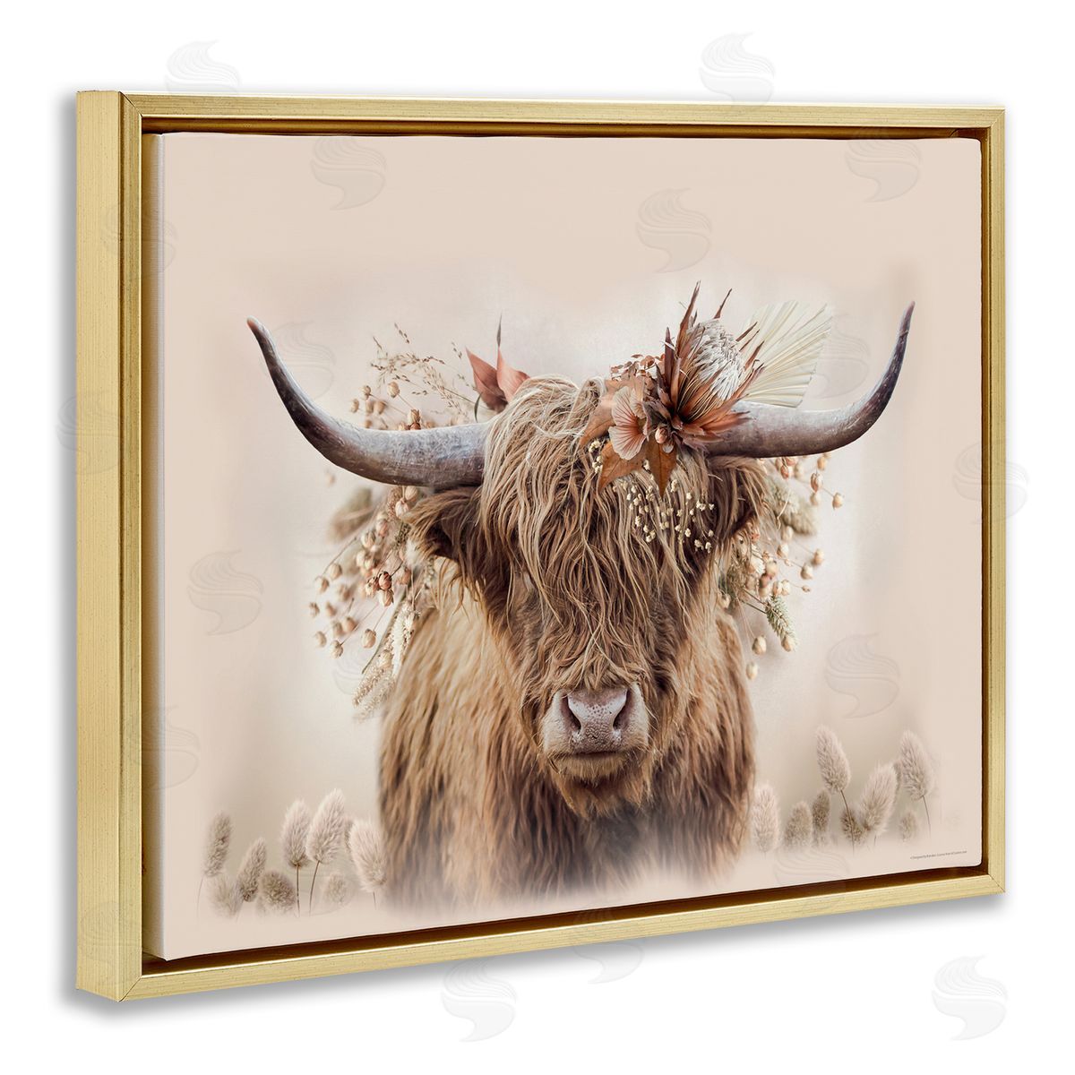 Peachy Pastel Cattle Gold Floating Frame Canvas Wall Art, Home Decor by Reinders