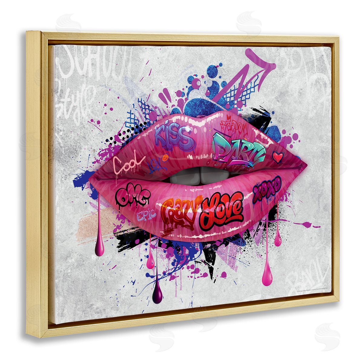 Reinders Urban Graffiti Lips Gold Floating Frame Canvas Wall Art Print