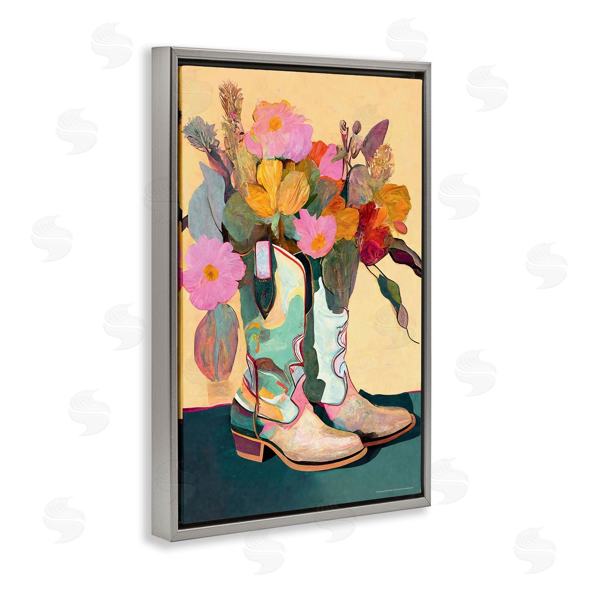 Reinders Bright Cowgirl Florals Gray Floating Frame Canvas Wall Art Print