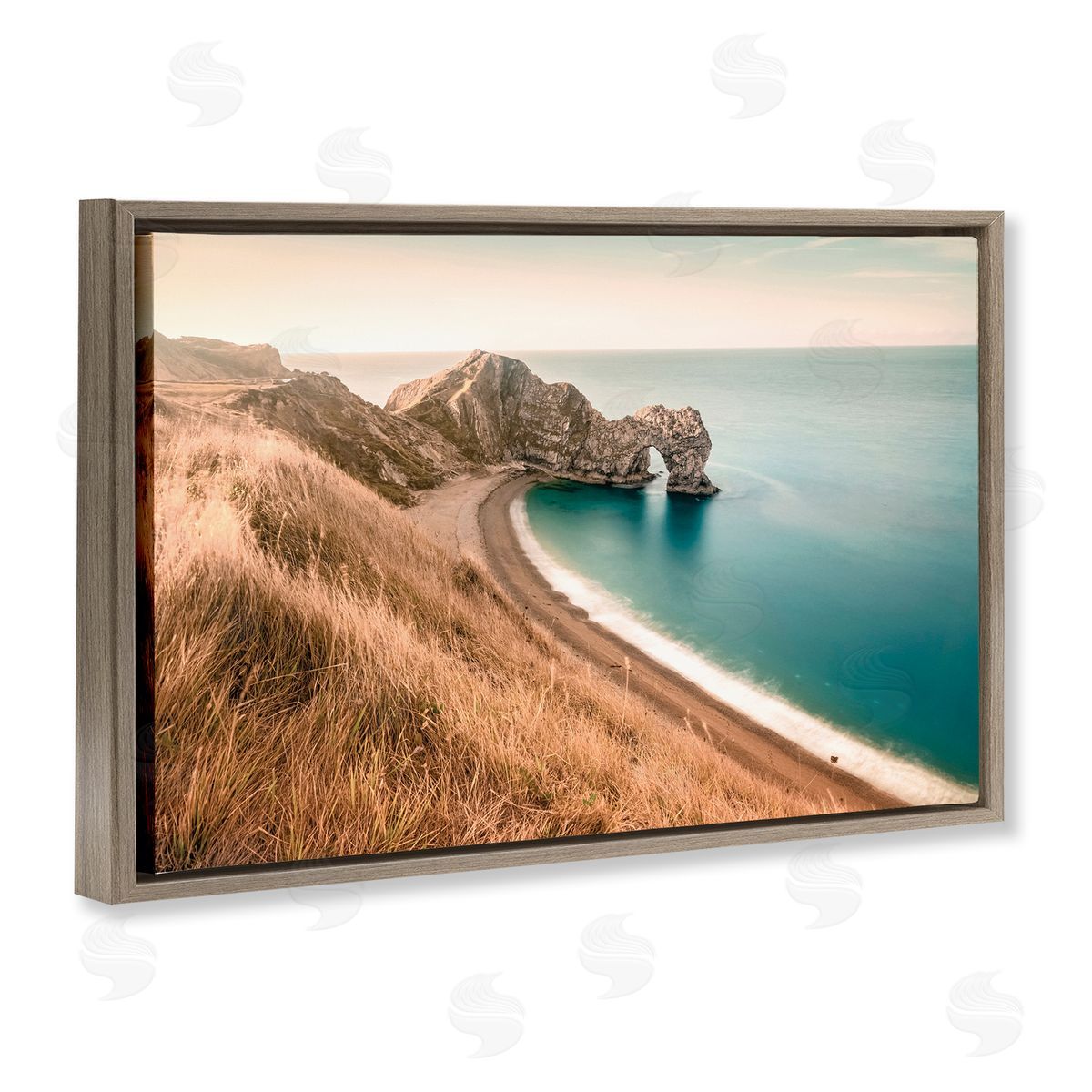 Nataly White Beach With Arched Cove Brown Floating Frame Canvas Wall Art Print