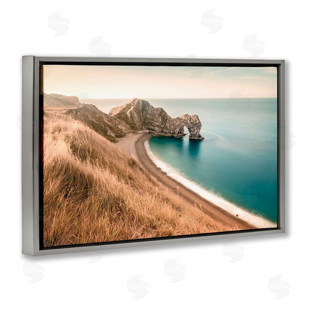 Nataly White Beach With Arched Cove Gray Floating Frame Canvas Wall Art Print