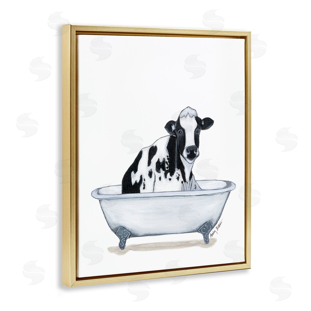 Cow in Tub Sketch Gold Floating Frame Canvas Wall Art, Home Decor by Ashley Justice
