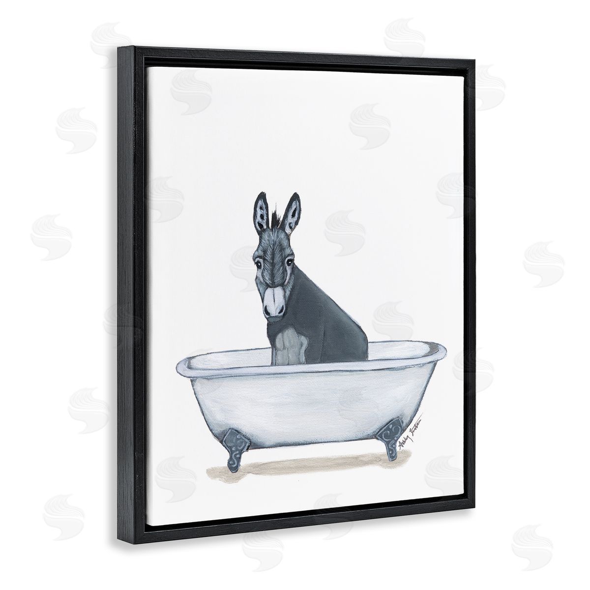 Donkey in Tub Sketch Black Floating Frame Canvas Wall Art, Home Decor by Amber Sterling