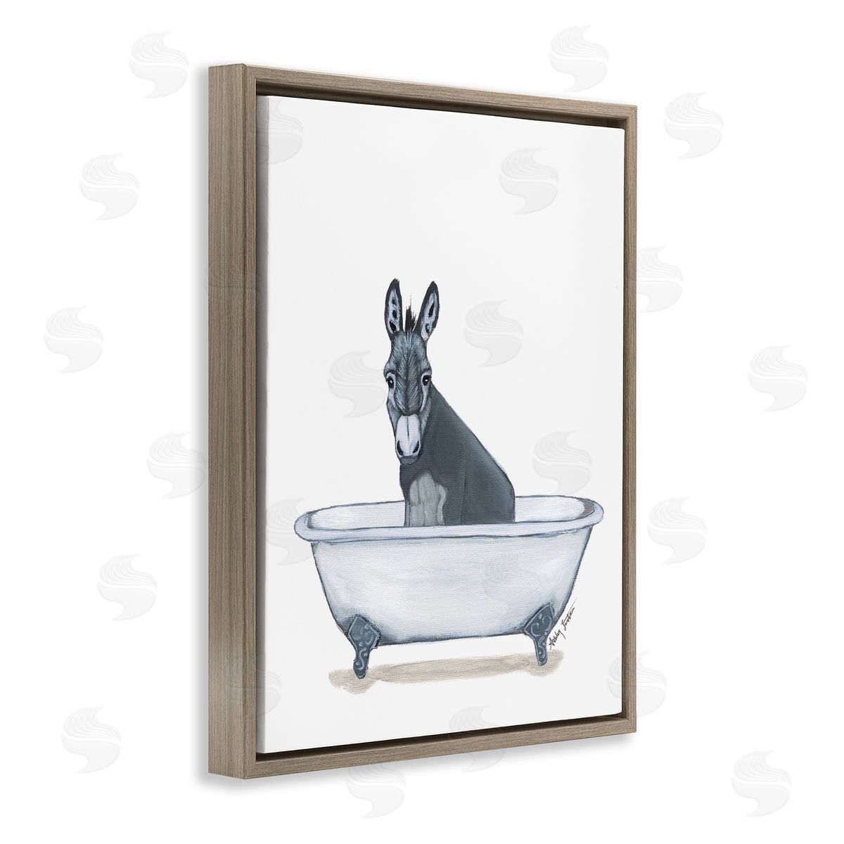 Donkey in Tub Sketch Brown Floating Frame Canvas Wall Art, Home Decor by Amber Sterling